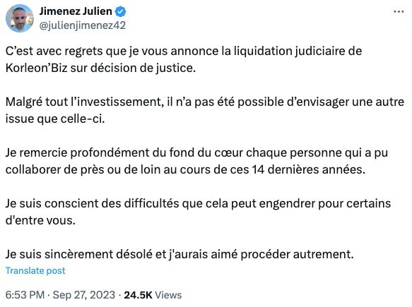 julien jimenez annonce sur twitter la liquidation de nextlevel