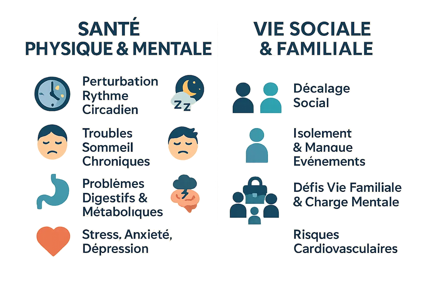 Illustration des impacts du travail en 3x8 sur la santé et les relations sociales