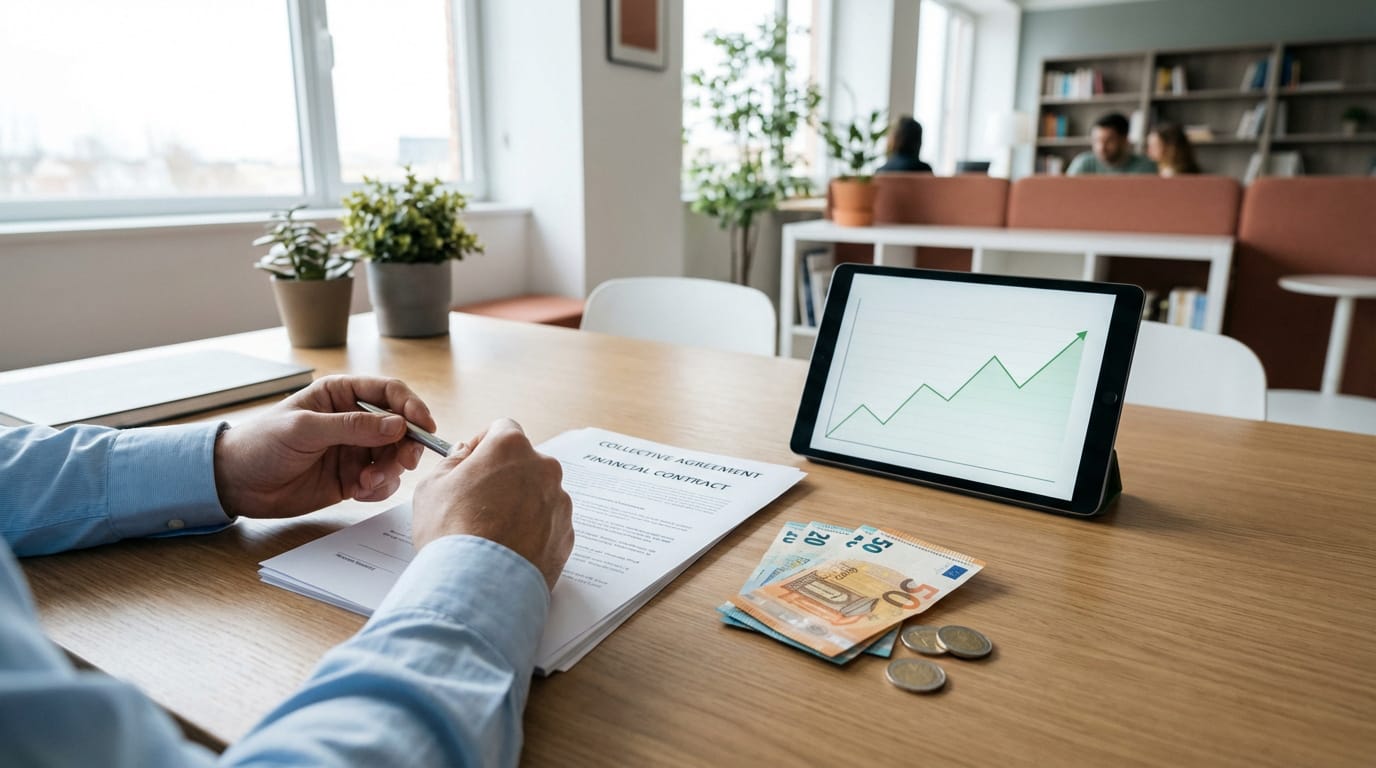 Mains d'un homme tenant un stylo devant un contrat financier, des billets d'euros et une tablette affichant un graphique de croissance.