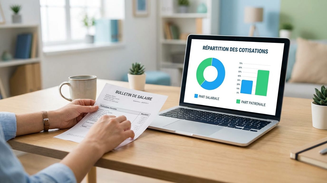 Personne lisant un bulletin de salaire devant un ordinateur portable affichant des graphiques sur la répartition des cotisations.