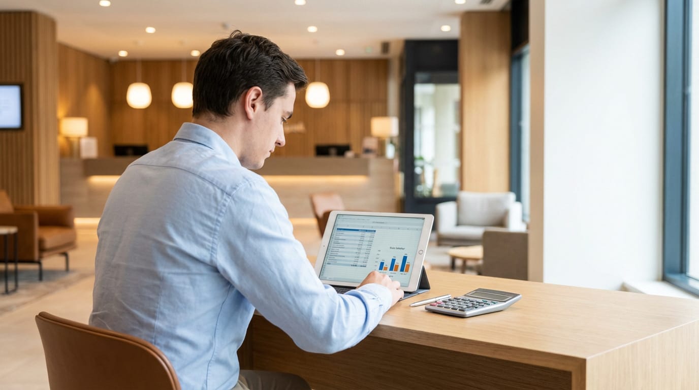 Homme en chemise bleue analysant des données financières sur une tablette dans un hall d'hôtel moderne. Une calculatrice est sur le bureau.