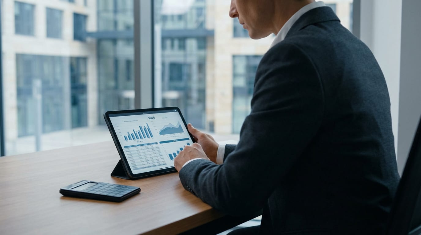 Un homme en costume analyse des graphiques financiers sur une tablette. Une calculatrice est sur la table devant une fenêtre de bureau moderne.