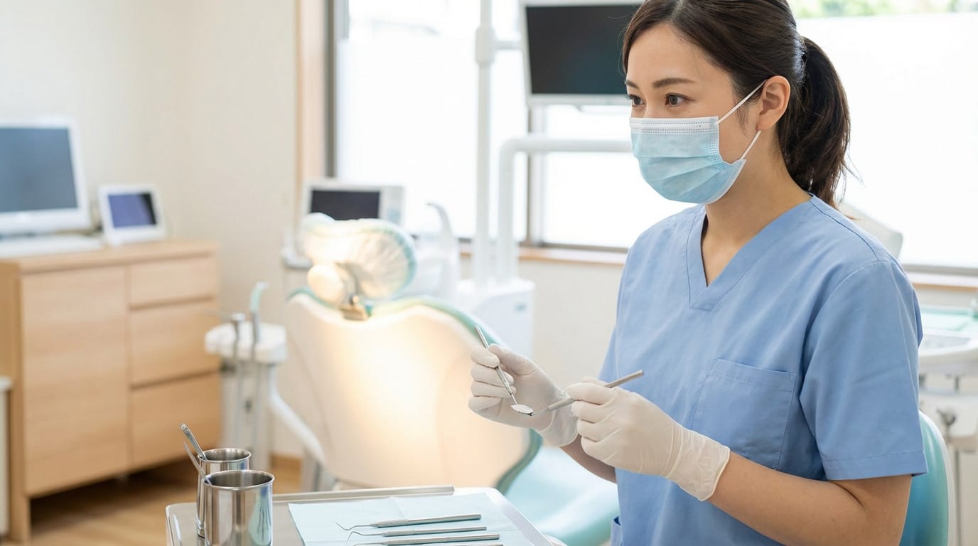 Assistante dentaire en blouse bleue, masque et gants, tenant des instruments dentaires dans un cabinet moderne.