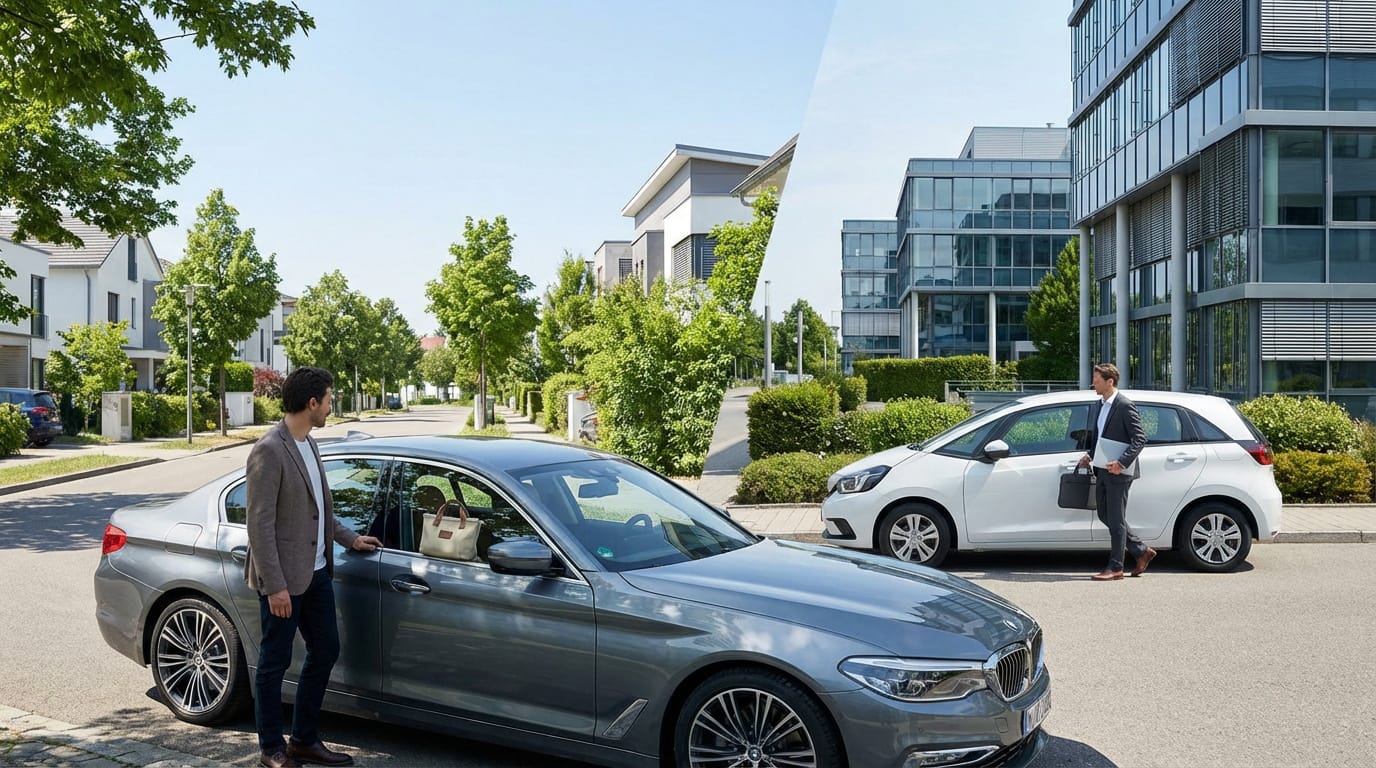 Un homme avec une berline grise en zone résidentielle et un autre avec une citadine blanche devant des bureaux modernes.
