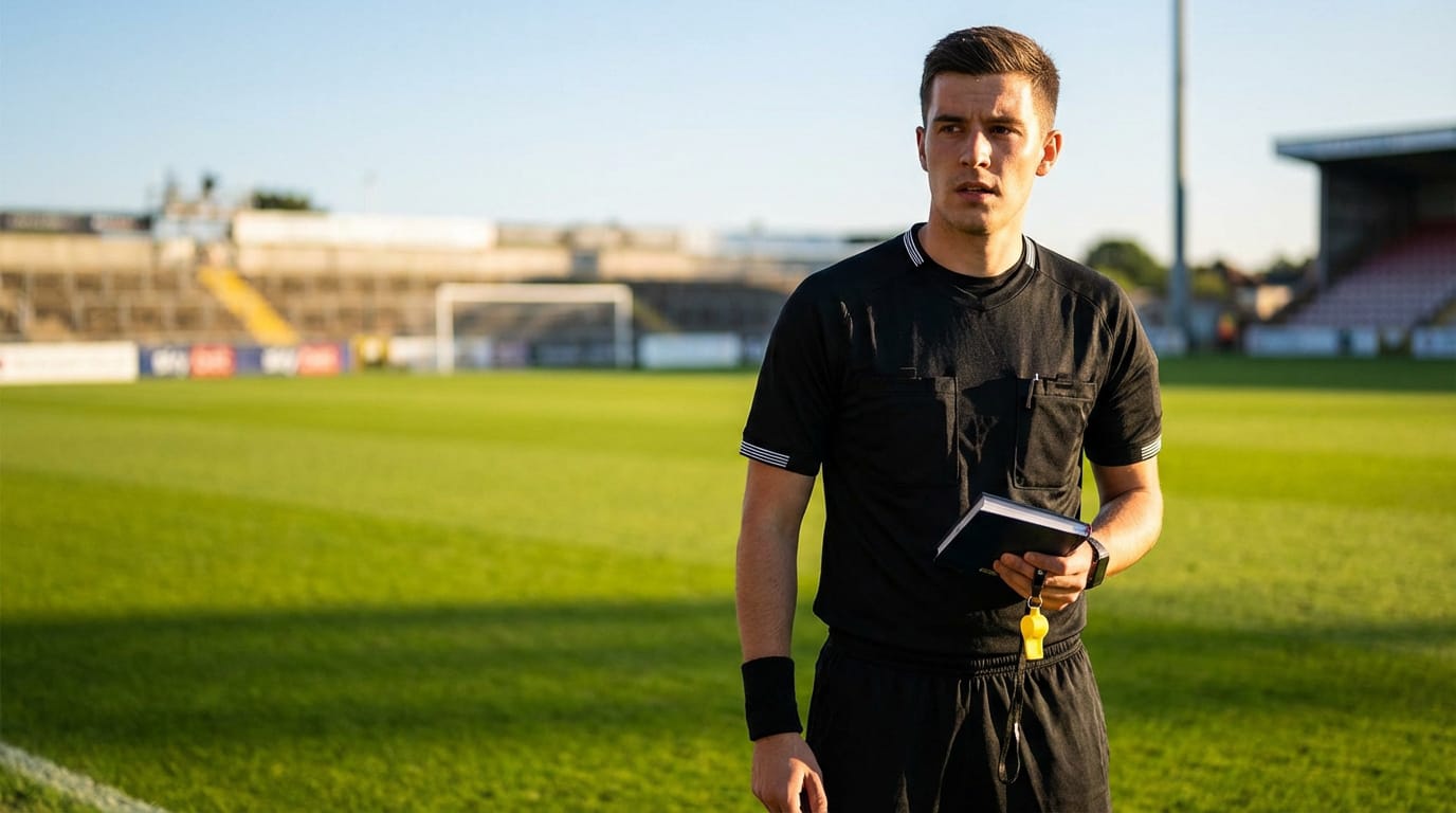 Un jeune arbitre de football en tenue noire se tient sur un terrain, tenant un carnet et un sifflet jaune, l'air concentré.
