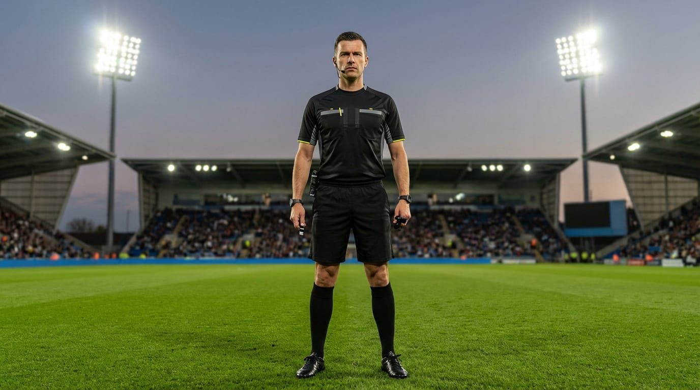 Arbitre de foot en tenue noire sur le terrain d'un stade sous les projecteurs, prêt à arbitrer un match.