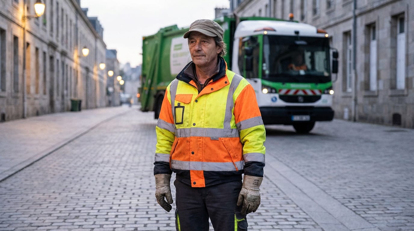 Portrait d'un éboueur français en uniforme fluo, regardant au loin sur une rue pavée avec des camions-bennes en arrière-plan.