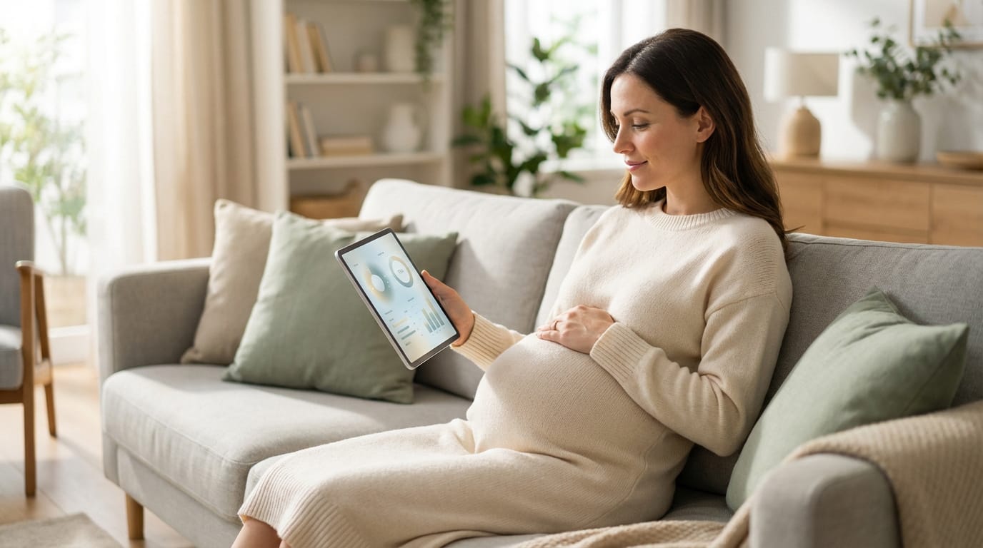 Une femme enceinte assise sur un canapé, tenant une tablette affichant des graphiques. Elle pose une main sur son ventre.