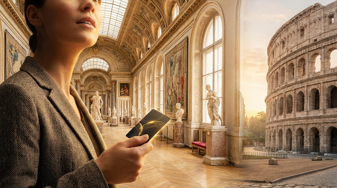 Une femme tient une carte dorée dans une galerie de musée classique qui s'ouvre sur le Colisée de Rome au coucher du soleil.