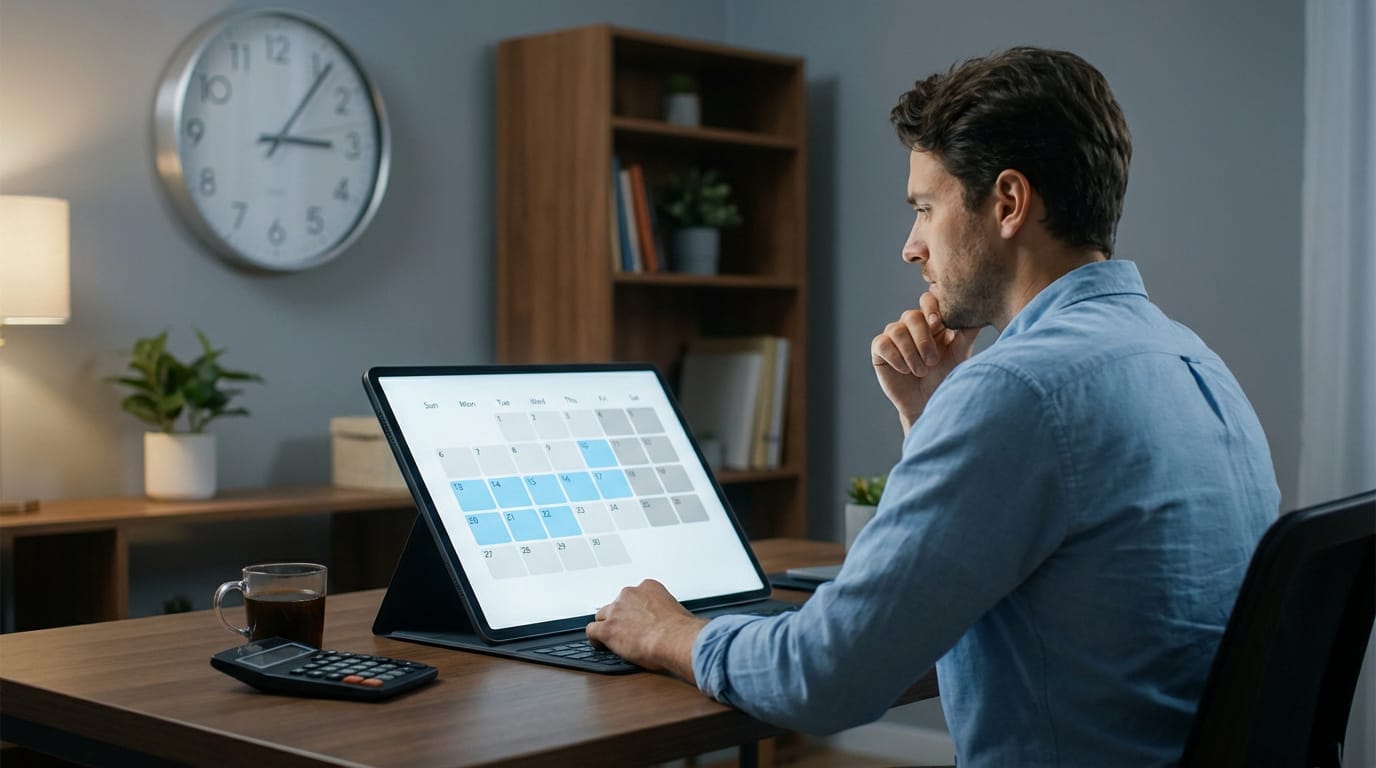 Un homme pensif devant une tablette affichant un calendrier numérique, une calculatrice et une tasse de café sur un bureau.