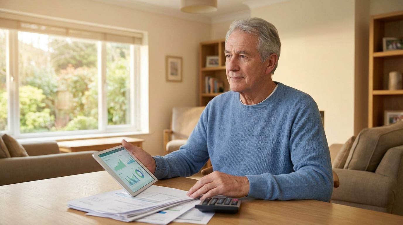 Un homme âgé aux cheveux gris examine ses finances sur une tablette avec des documents et une calculatrice sur une table en bois.