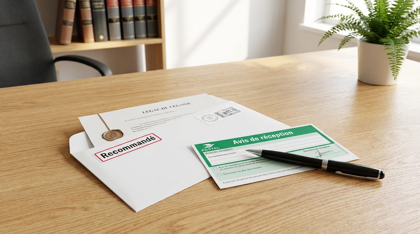 Sur un bureau en bois, une lettre recommandée ouverte, son avis de réception et un stylo. Des livres de droit en fond évoquent la valeur juridique.