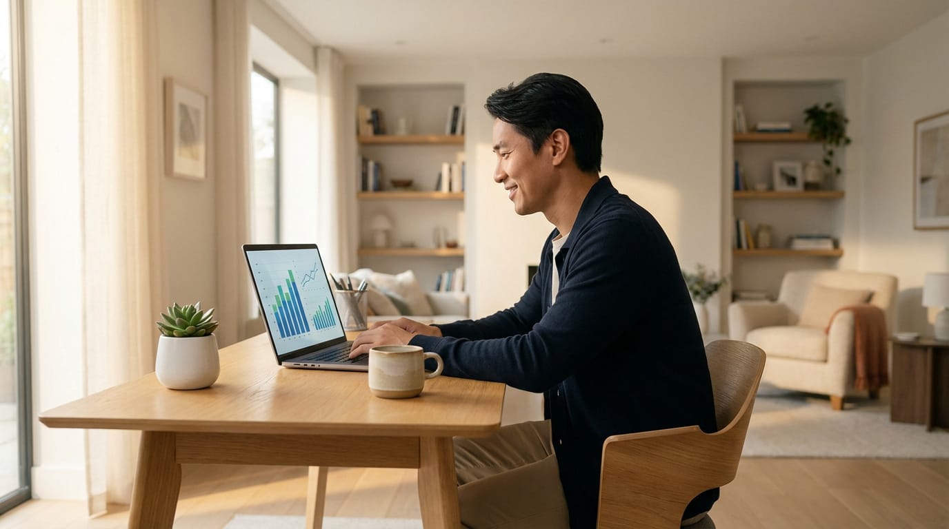 Homme asiatique souriant travaillant sur un ordinateur portable à son domicile, avec des graphiques financiers à l'écran.