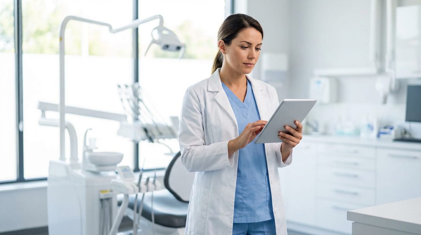 Femme assistante dentaire en blouse blanche et tenue bleue, utilisant une tablette numérique dans un cabinet dentaire moderne.