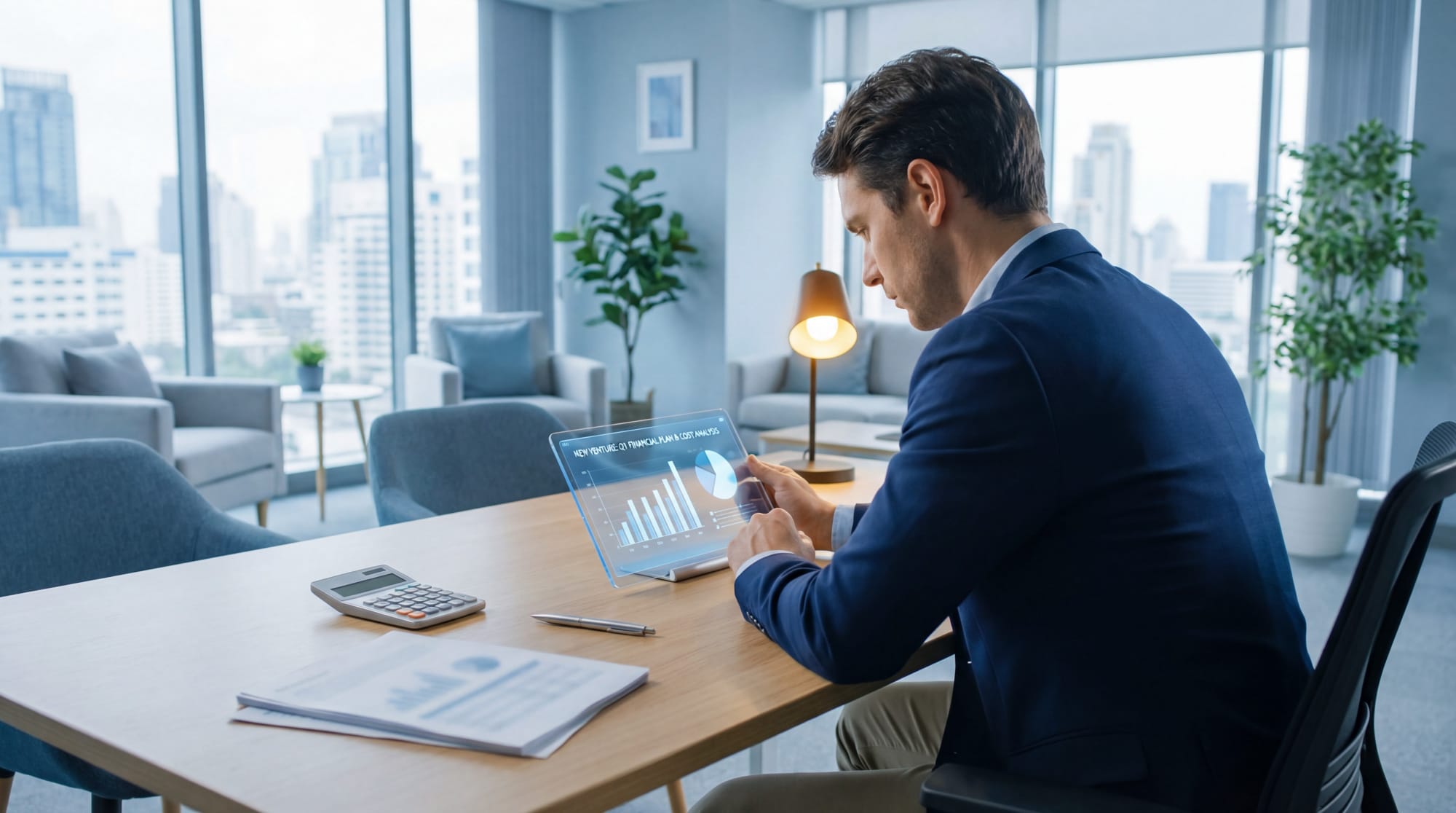 Un homme d'affaires analyse des données financières sur une tablette transparente dans un bureau moderne, estimant les coûts d'une SARL.