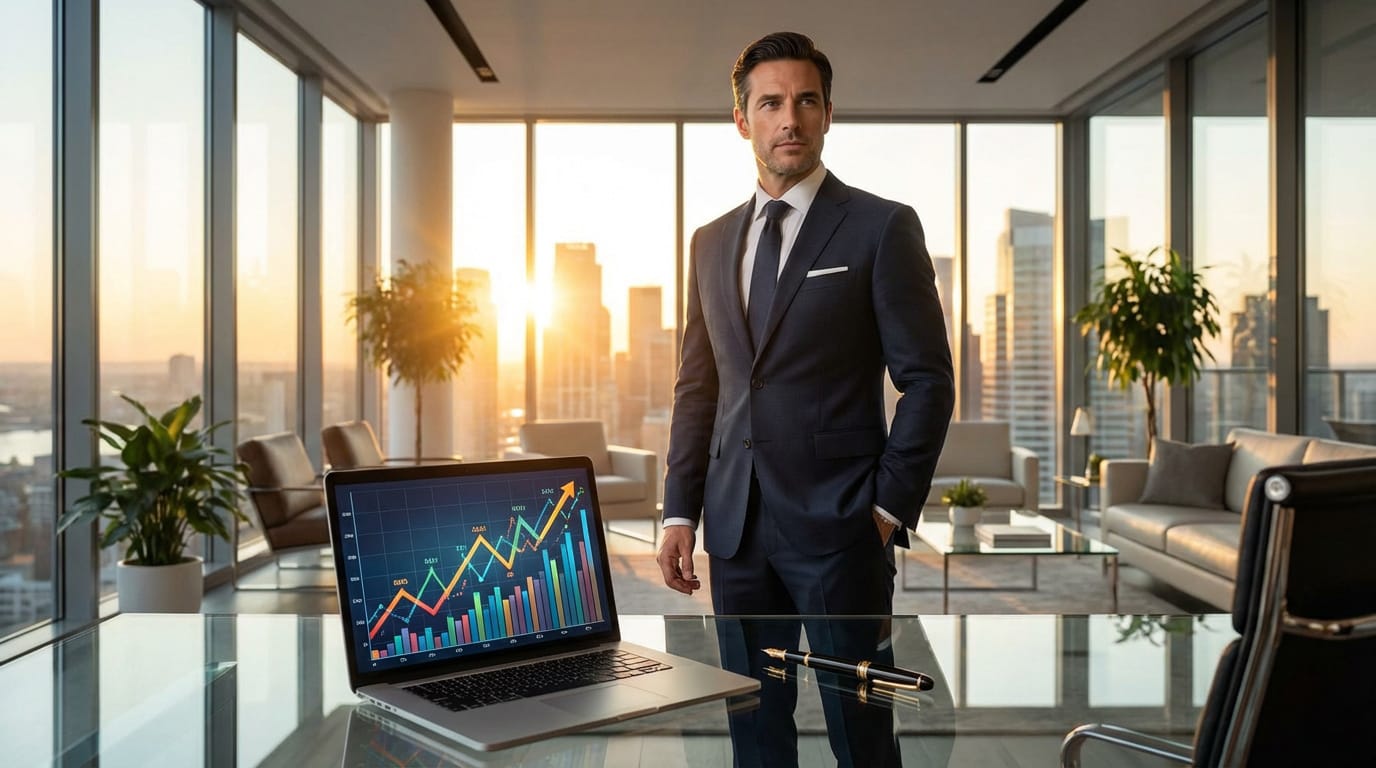 Homme en costume dans un bureau de luxe avec vue sur la ville au coucher du soleil. Un ordinateur portable affiche des graphiques financiers en hausse.