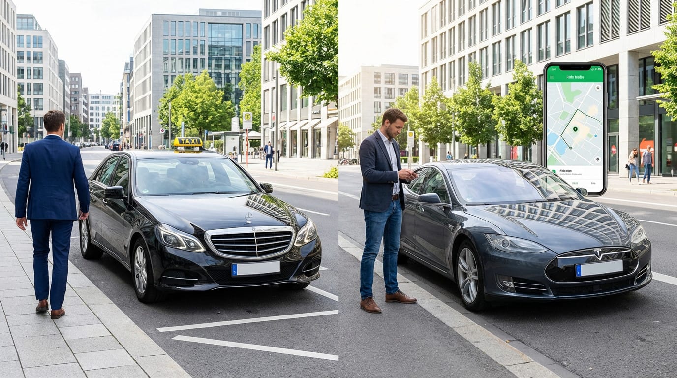 Split image contrasting a man approaching a black taxi with a man using a ride-hailing app next to a grey VTC car in a modern city.