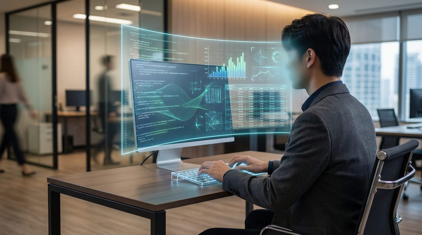 Vue de dos d'un professionnel analysant des données complexes sur un écran transparent futuriste dans un bureau moderne.