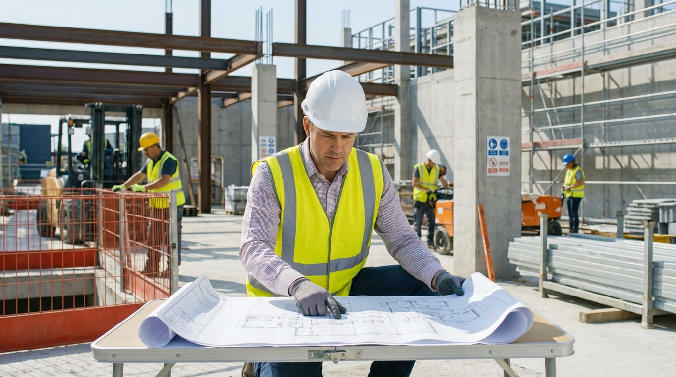Un contrôleur technique examine des plans sur un chantier de construction actif avec d'autres ouvriers et équipements.