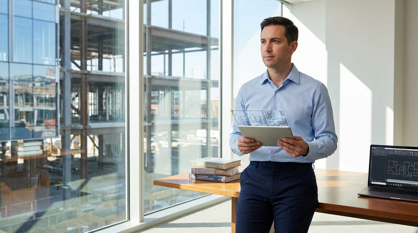 Un homme en chemise bleue examine des plans sur une tablette, avec une projection holographique. Un chantier est visible en arrière-plan.