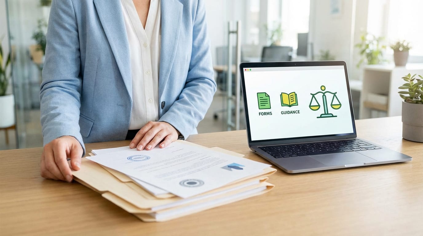 Personne devant un bureau, tenant des dossiers papier. Un ordinateur portable affiche des icônes: formulaires, guide et balance de justice.