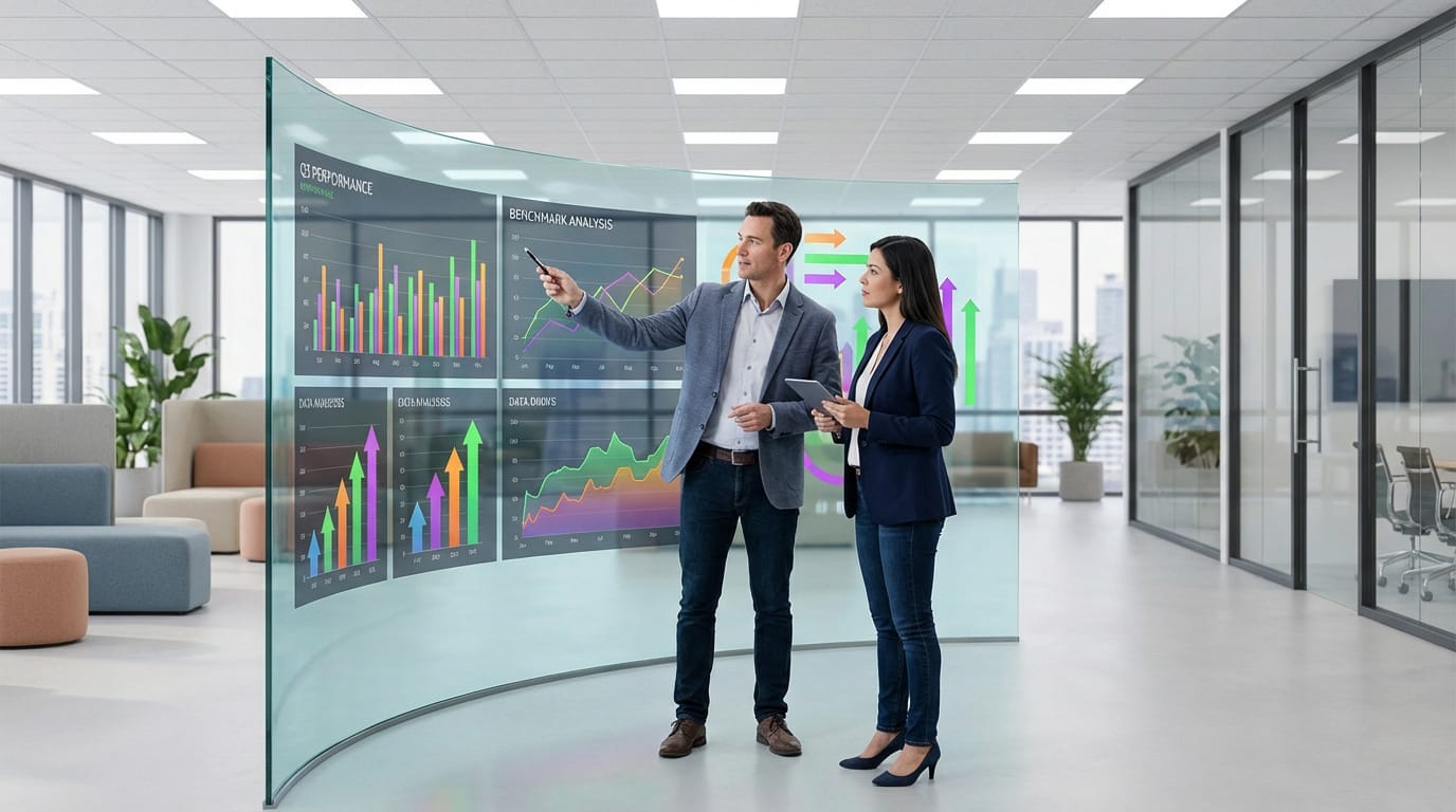 Deux professionnels analysant des graphiques de performance et de benchmark sur un écran interactif transparent en bureau moderne.