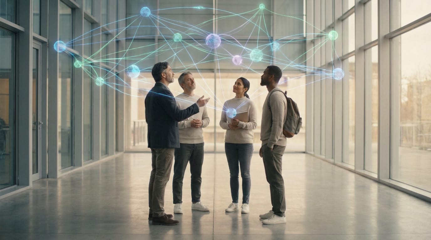Quatre personnes discutent sous un réseau lumineux de sphères interconnectées. Représente la compréhension des types de personnalité.