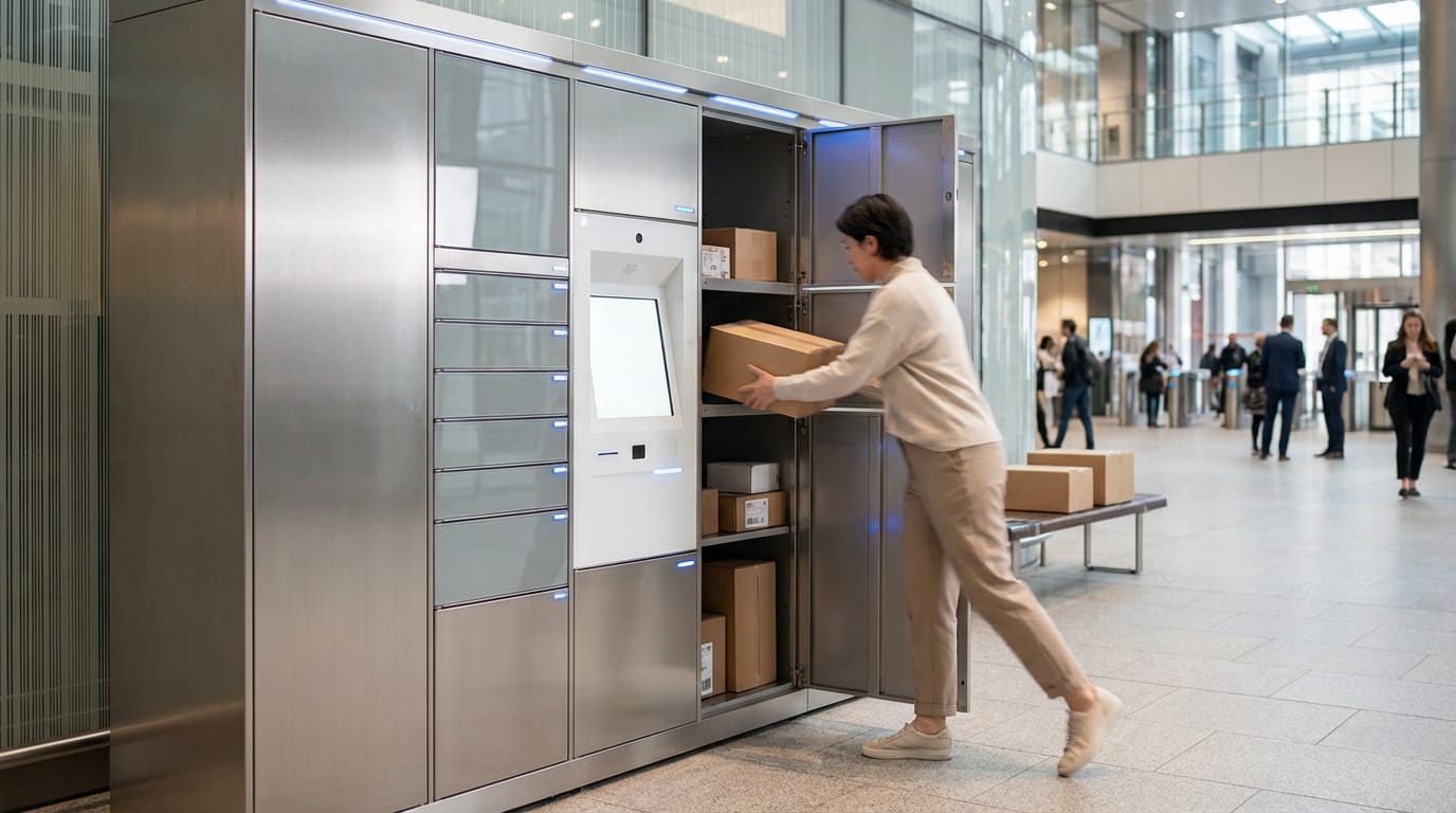 Une femme dépose un colis dans un casier automatique métallique au design moderne, situé dans un hall d'immeuble animé. Écran tactile visible.