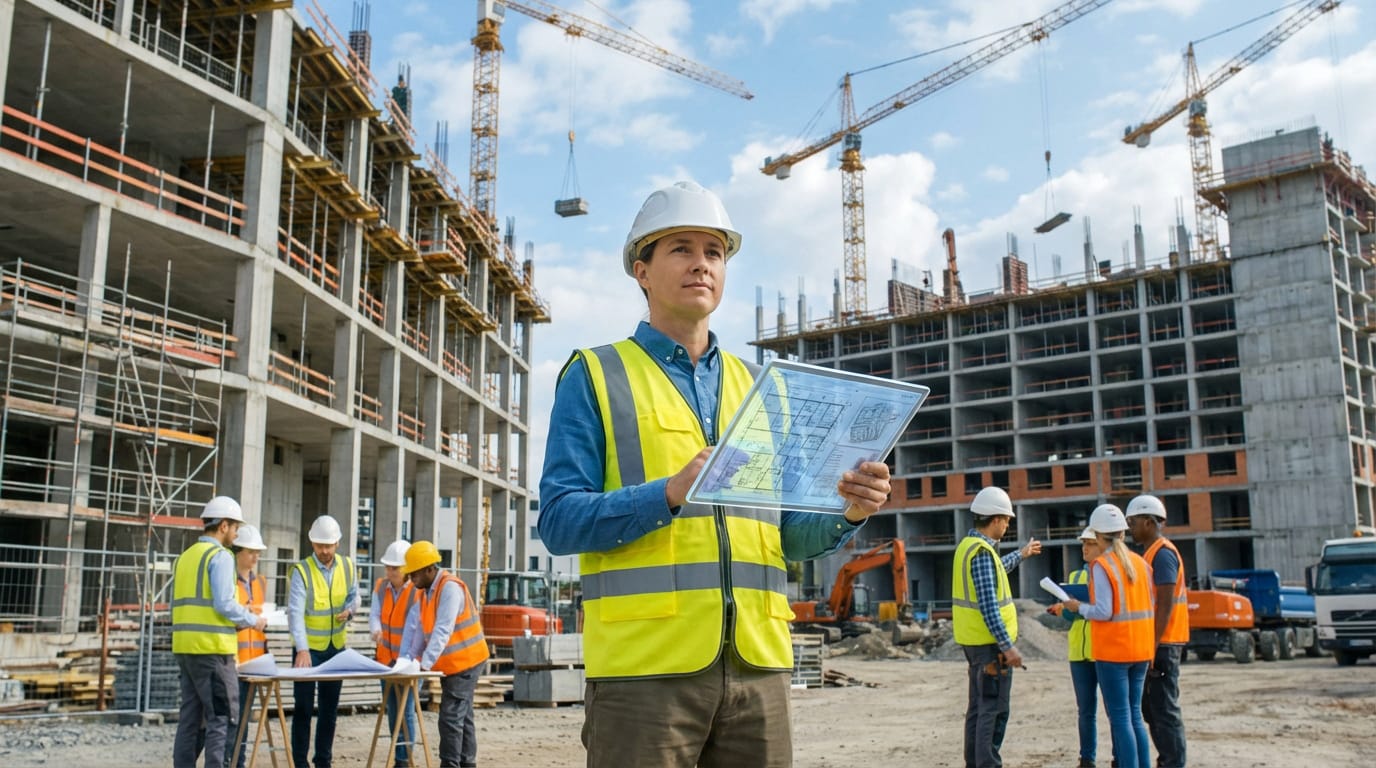 Maître d'œuvre avec tablette numérique sur un grand chantier en construction, grues en arrière-plan et équipes qui collaborent.