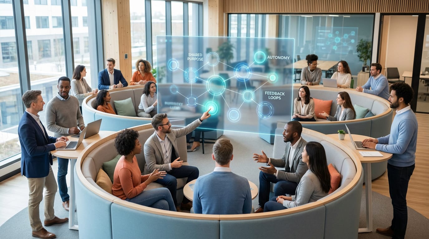 Équipe diverse en réunion dans un bureau moderne, étudiant un diagramme holographique sur l'holacratie (autonomie, but partagé).