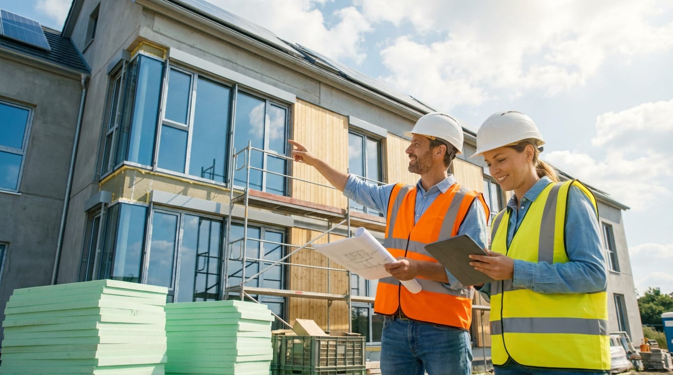 Deux professionnels en gilets et casques, un homme et une femme, examinent un chantier moderne avec plans et tablette.