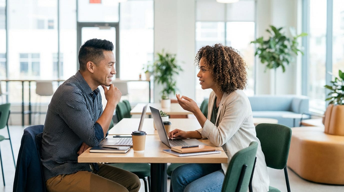 Homme et femme engagés dans une discussion animée, assis à une table avec ordinateurs et café dans un bureau lumineux.