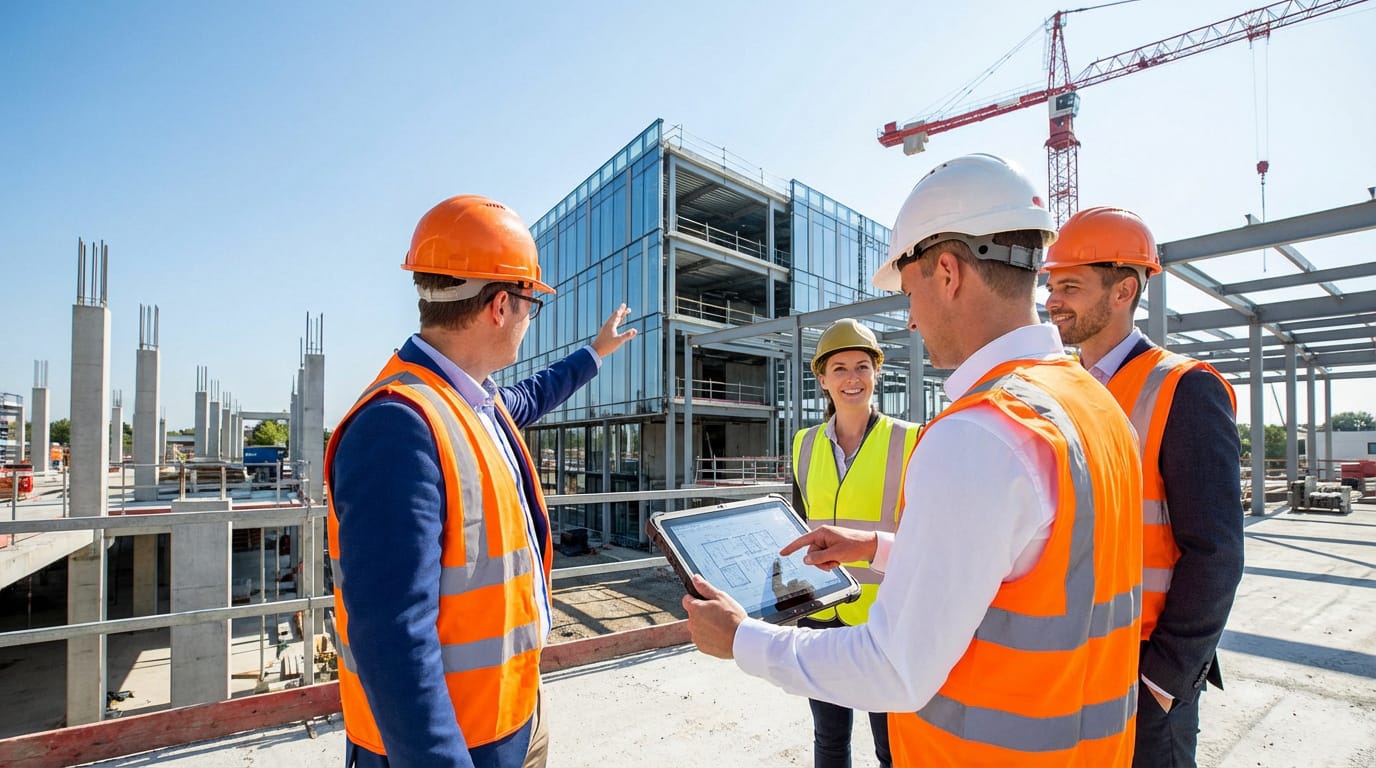 Quatre professionnels du BTP (trois hommes, une femme) avec casques et gilets, examinant des plans sur tablette sur un chantier moderne.