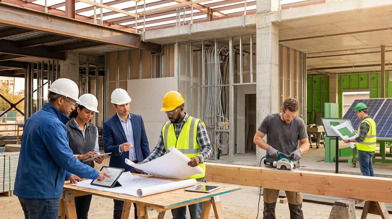 Sur un chantier de construction moderne, divers professionnels (architectes, ouvriers) collaborent, planifiant et exécutant les travaux.