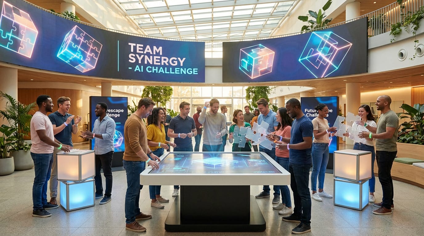 Un groupe diversifié participe à un défi de team building high-tech, résolvant des énigmes avec écrans lumineux et table interactive.