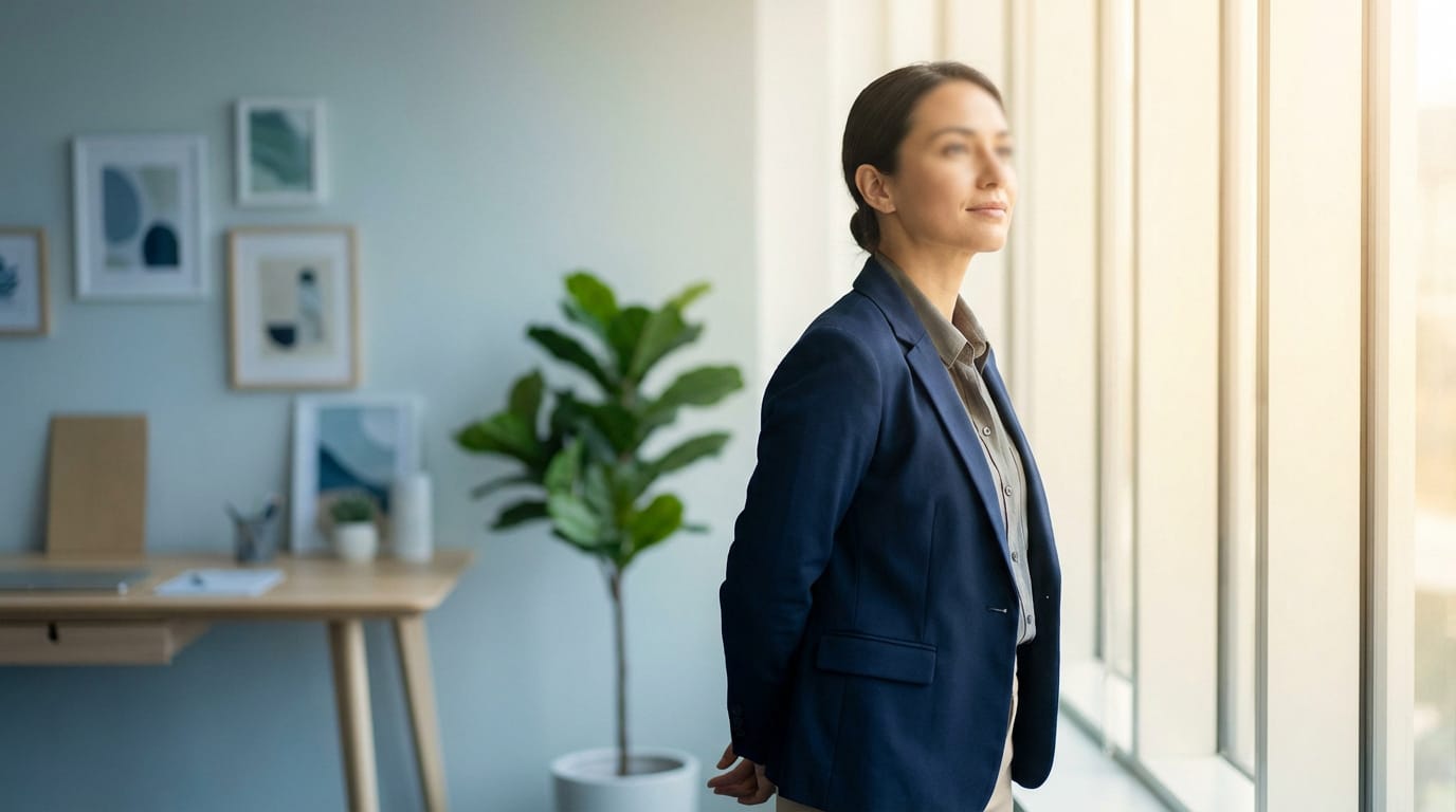 Une femme d'affaires en blazer bleu foncé regarde pensivement par une grande fenêtre lumineuse dans un bureau moderne.