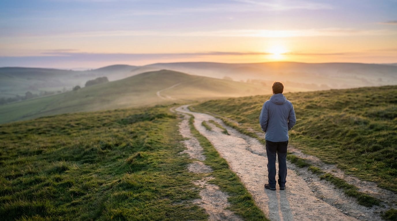 Vue de dos d'une personne sur un chemin sinueux au lever du soleil, observant des collines verdoyantes et brumeuses.