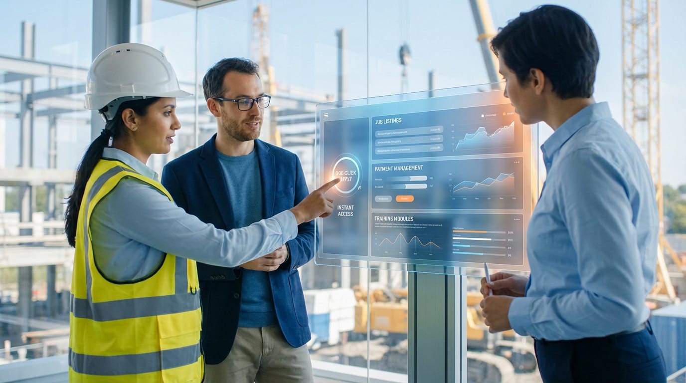 Trois professionnels, dont une ingénieure en gilet jaune et casque, examinent un écran transparent affichant des données de gestion de projet sur un chantier.