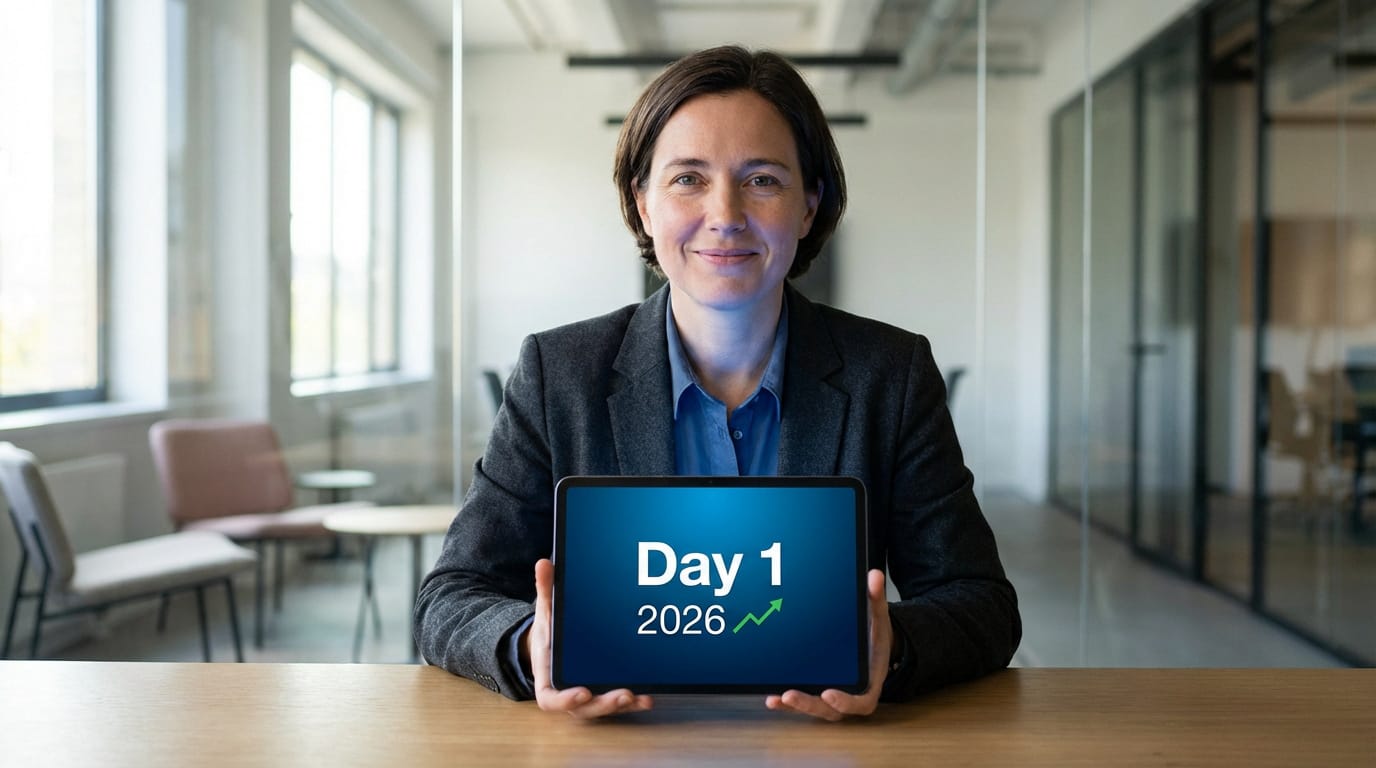 Femme souriante en costume présente une tablette affichant « Day 1 2026 » et une flèche verte ascendante, dans un bureau moderne.