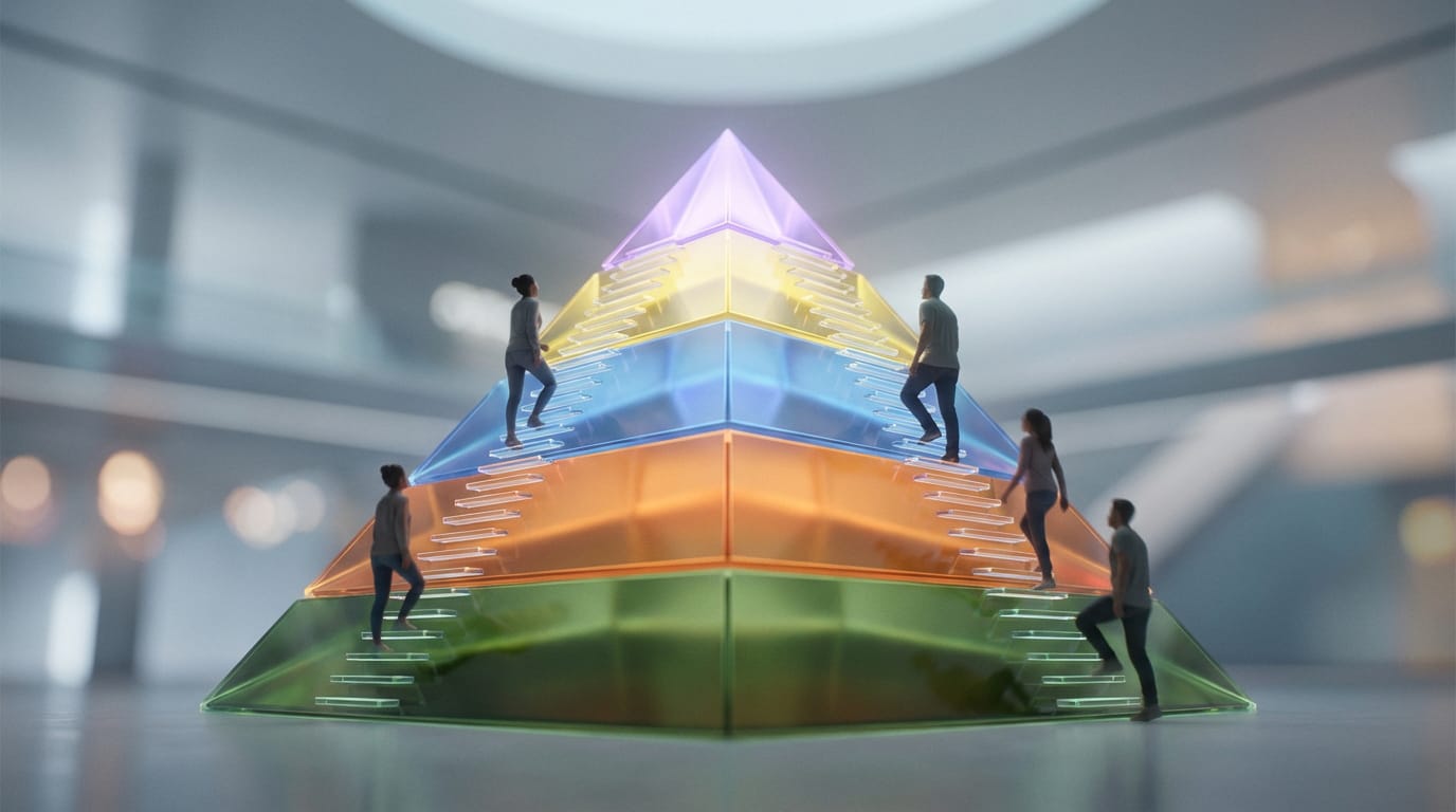 Pyramide 3D lumineuse et colorée, divisée en niveaux, avec des silhouettes humaines montant les escaliers.