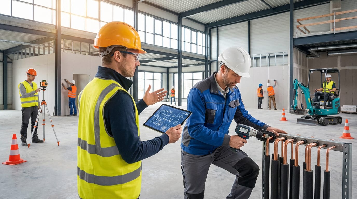 Chantier : un chef explique des plans sur tablette à un plombier, d'autres ouvriers utilisent un niveau laser et un engin.