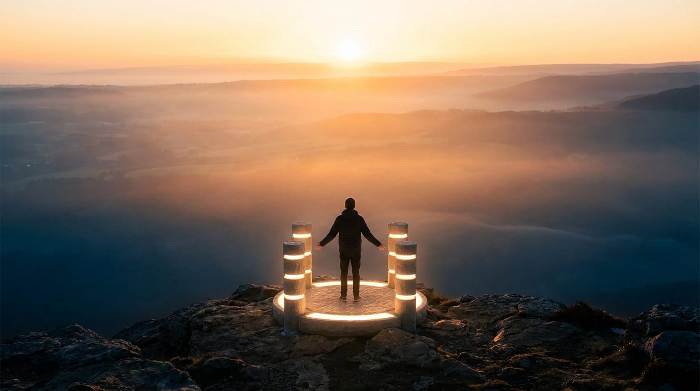 Vue arrière d'une personne debout sur une plateforme lumineuse sur un pic rocheux, face à un lever de soleil brumeux sur la vallée.