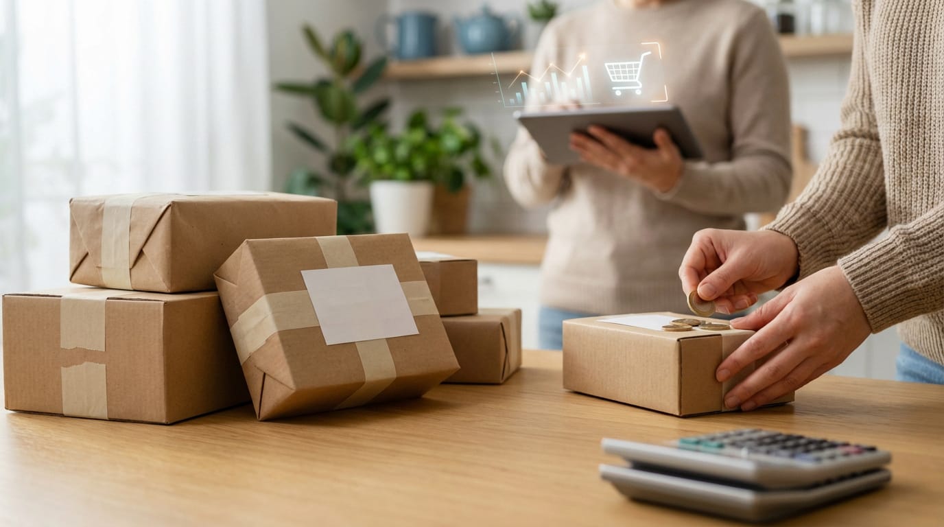 Deux personnes gérant des colis à envoyer, l'une calcule les frais avec des pièces sur une boîte, l'autre utilise une tablette d'e-commerce.