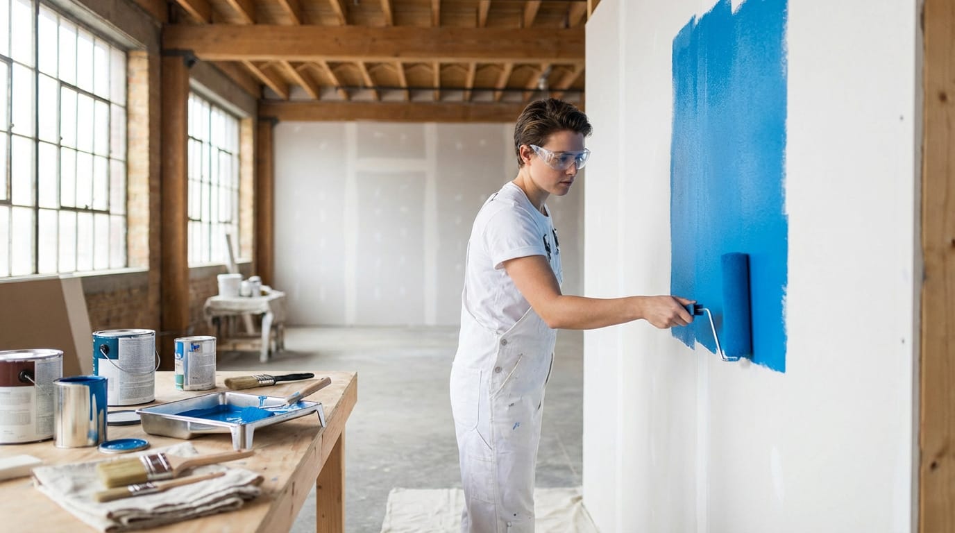 Une personne en salopette blanche et lunettes de protection peint un mur en bleu avec un rouleau dans une pièce en rénovation.