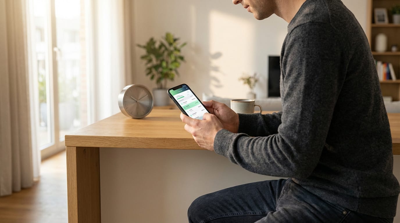 Un homme vérifie son compte bancaire sur son smartphone, affichant une application financière. Il est assis à une table en bois.