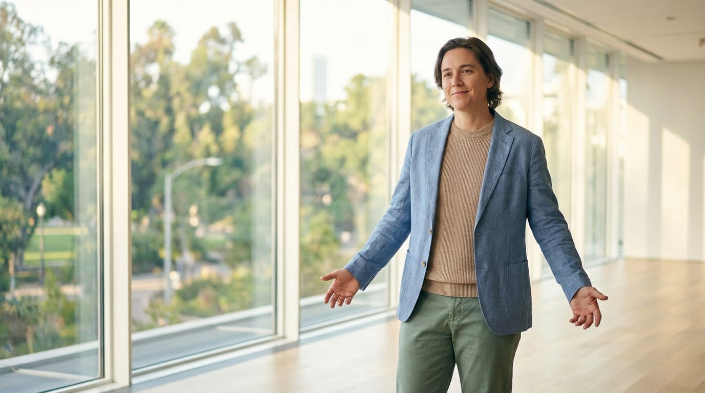 Homme souriant en blazer bleu avec une posture ouverte, dans une pièce lumineuse avec de grandes fenêtres donnant sur des arbres verts.