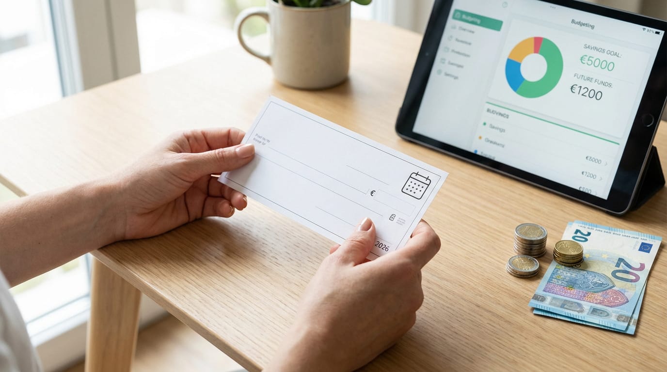 Mains tenant un chèque différé avec icône de calendrier, tablette affichant un budget, et euros. Scène de planification financière.