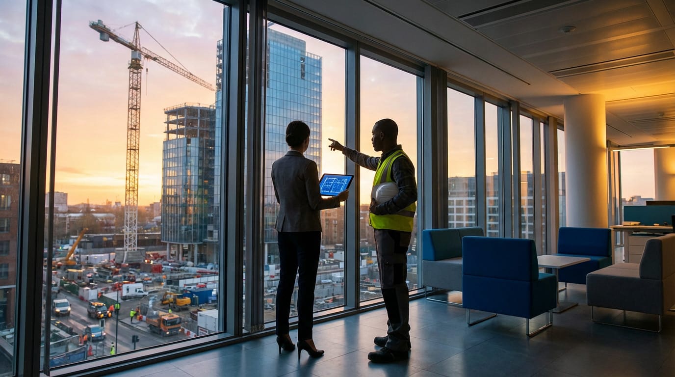Vue de professionnels discutant de plans de construction depuis un bureau, avec un chantier et une grue au coucher de soleil.