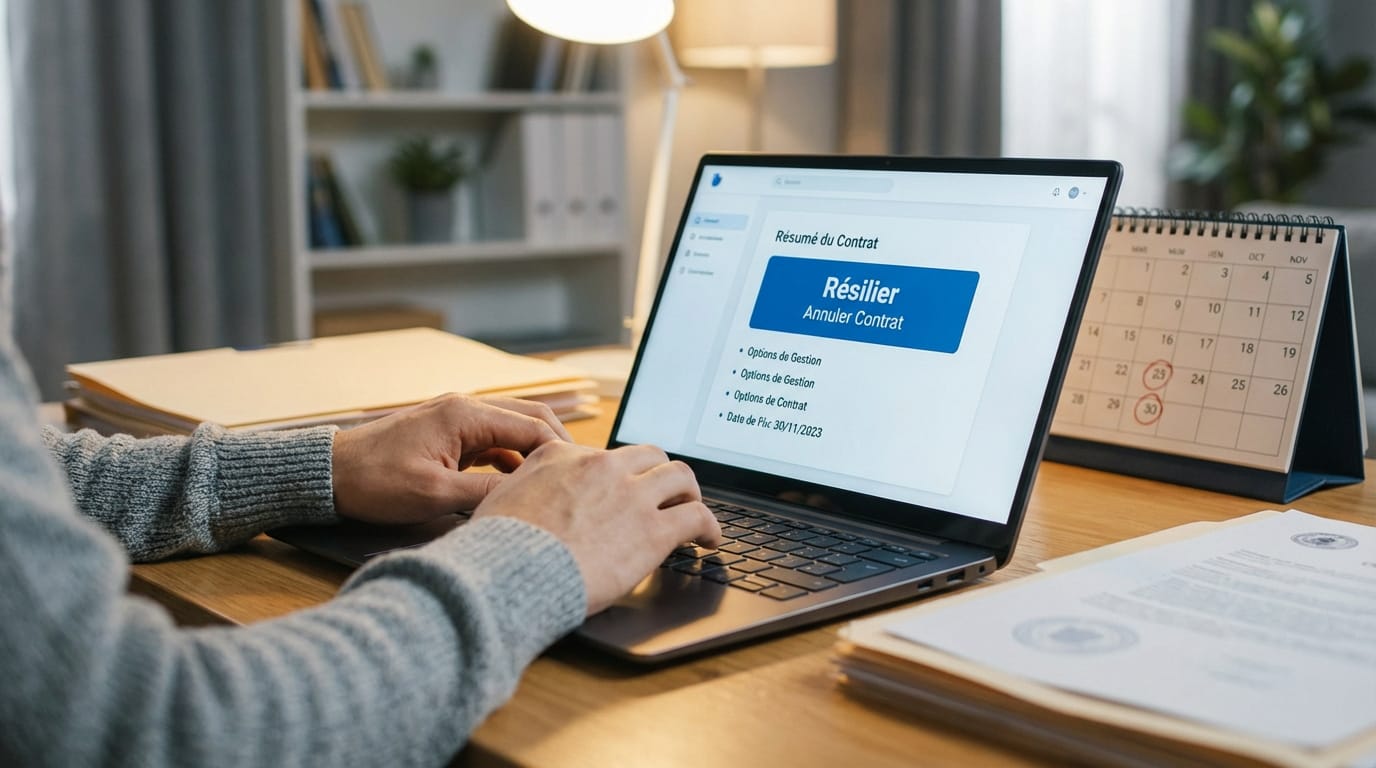 Mains tapant sur un ordinateur portable affichant une option "Résilier Contrat" et un calendrier de novembre avec les 25 et 30 encerclés.