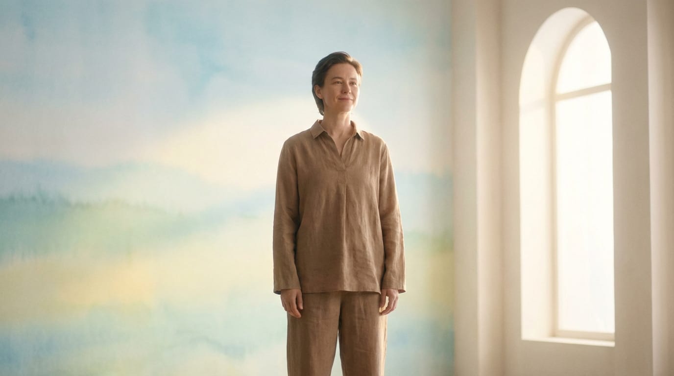Femme sereine en tenue de lin, souriant légèrement, devant un mur pastel et une fenêtre arquée lumineuse. Incarnation de l'estime de soi.